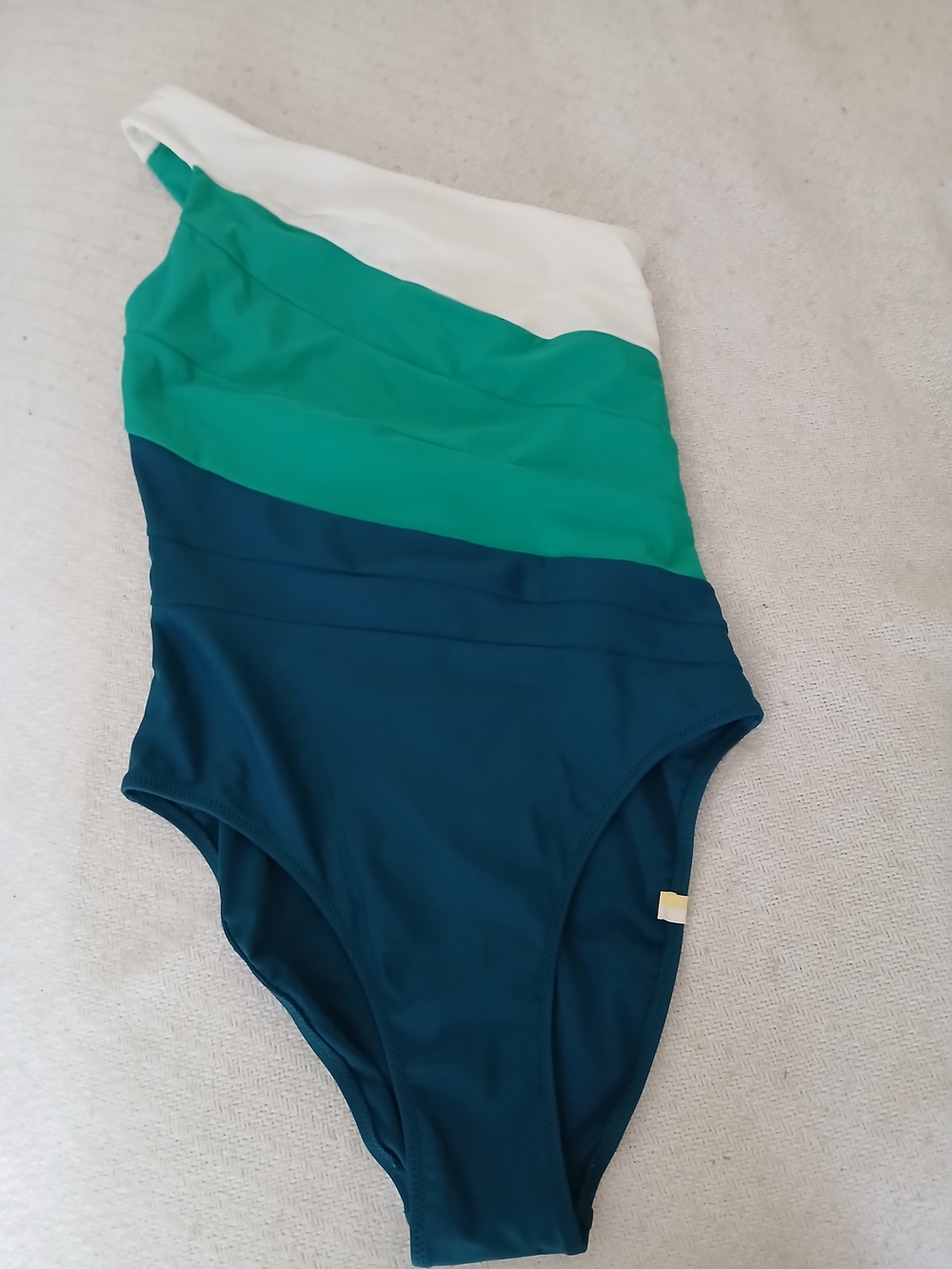 summersalt One-Shoulder Colorblock Swimsuit in White, Teal, and Dark Teal